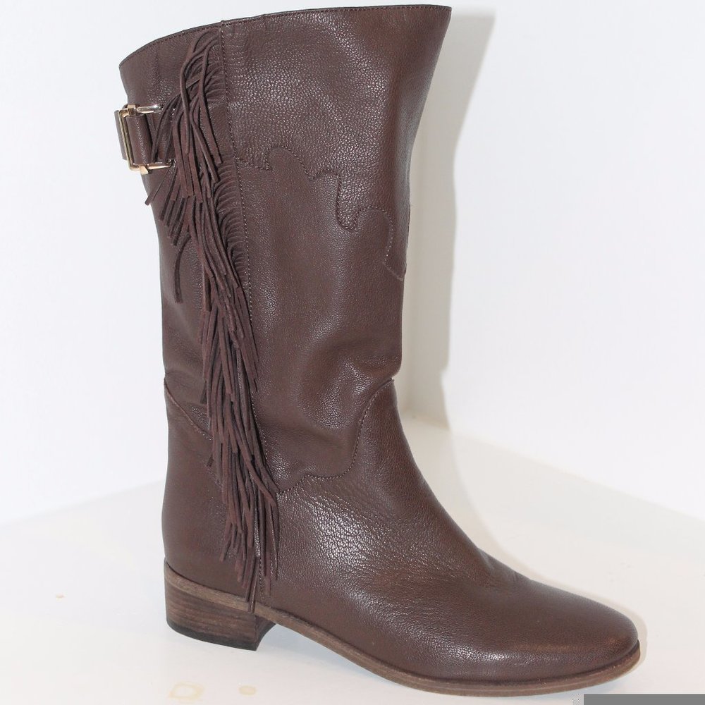 REDUCED PRICE See by Chloe Mid-Calf Leather Fringe Trim Accent Moto Boots 39 9
